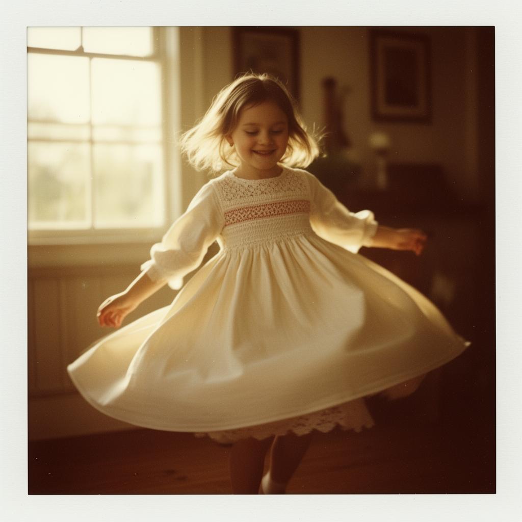 Little girl twirling in her handmade heirloom dress