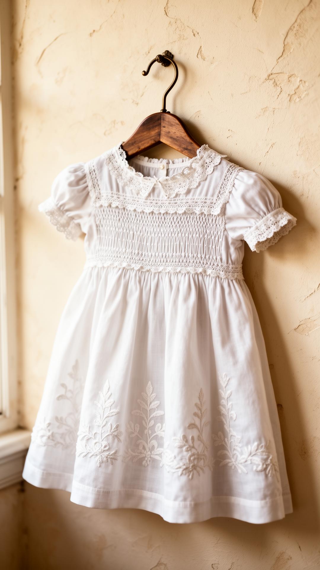 A handmade heirloom dress with smocking and lace