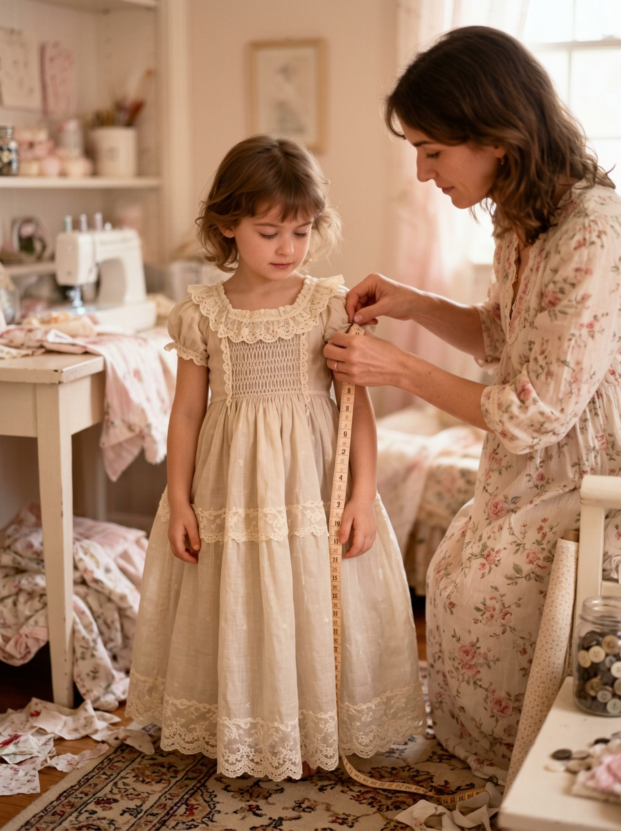Mother measuring her daughter's handmade heirloom dress
